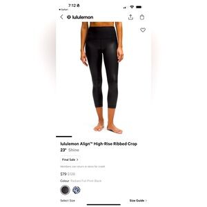 lululemon Align™ Rib HR Crop 23"*Shine
Color: Radiate Foil Print Black
Size: 8
